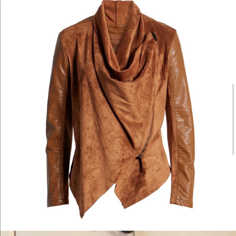 BLANKNYC Mixed Media Faux Leather Drape Front Jacket In Coffee Bean
